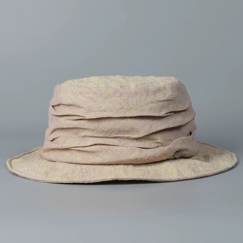 Cappello da sole da donna in stile pescatore, plissettato, realizzato in cotone e lino, pensato per l'escursionismo. Design multifunzionale._voghion.com