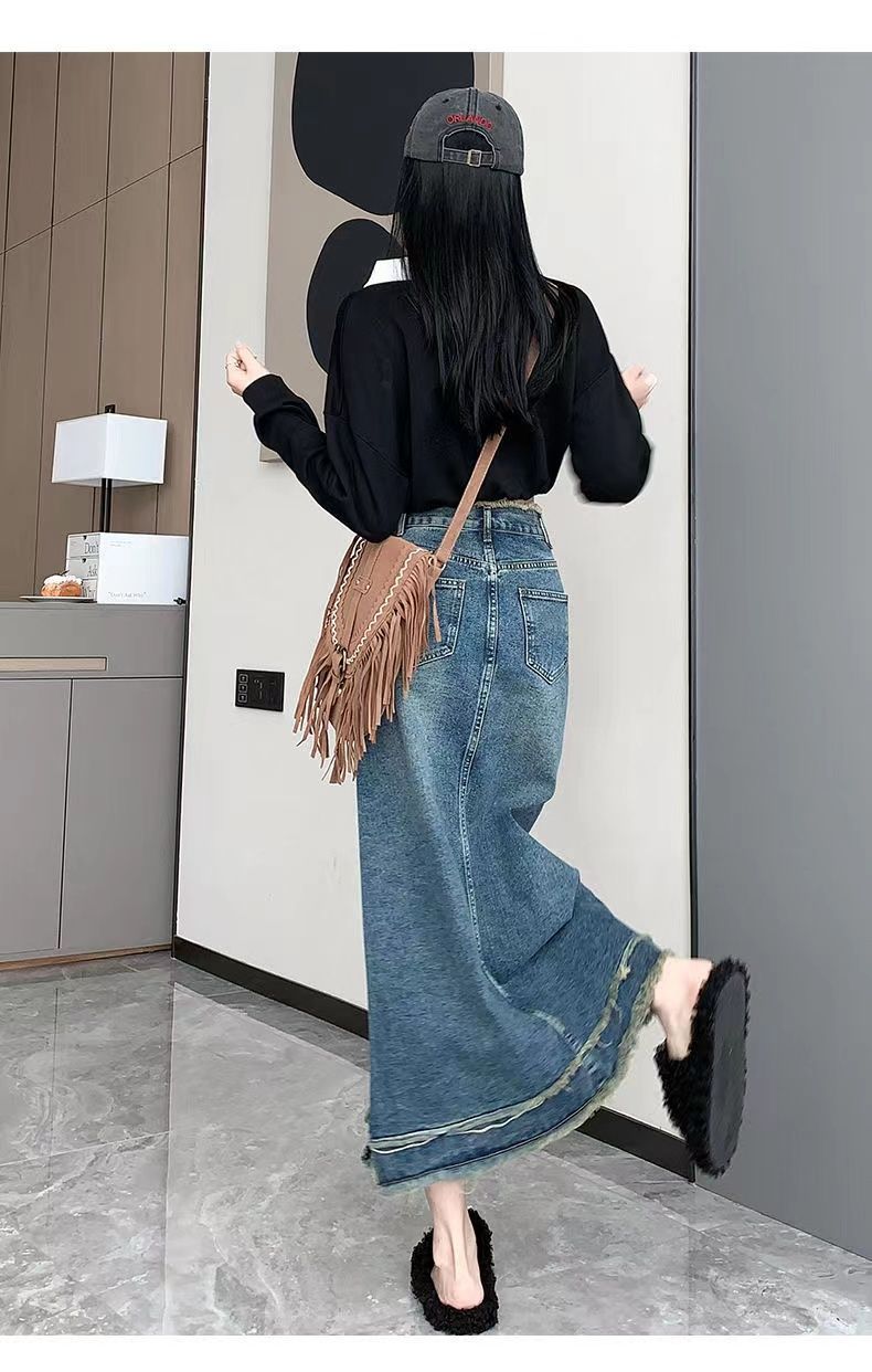 Lente en zomer Raw Edge Slimming Veelzijdige Denim Mid-Length Dames Hoge Taille Drape A-lijn Denim Rok_voghion.com