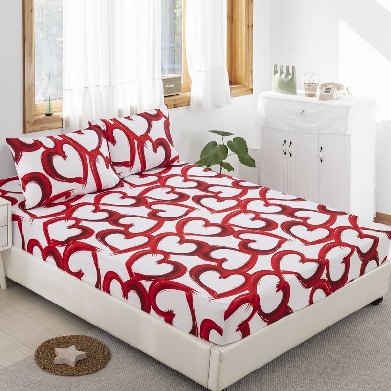 3D Printed Heart Pattern Polyester Bed Skirt Fitted Sheet With Elastic Hem, Romantic Couple Bedding Set,_voghion.com