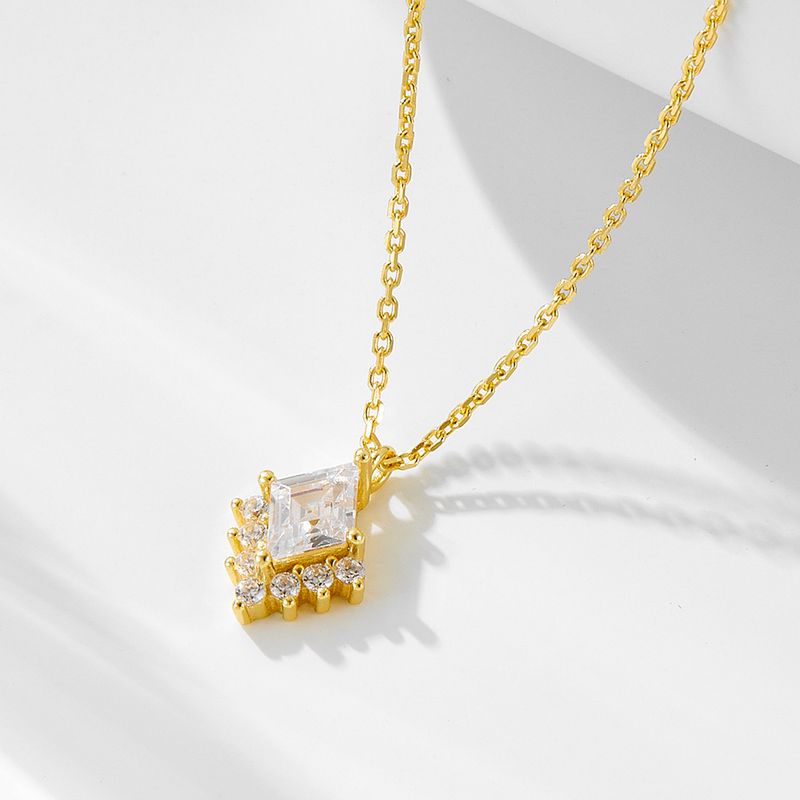 Collana con ciondolo in argento sterling con rombo geometrico e zirconi per donna, stile leggero e semplice alla moda._voghion.com