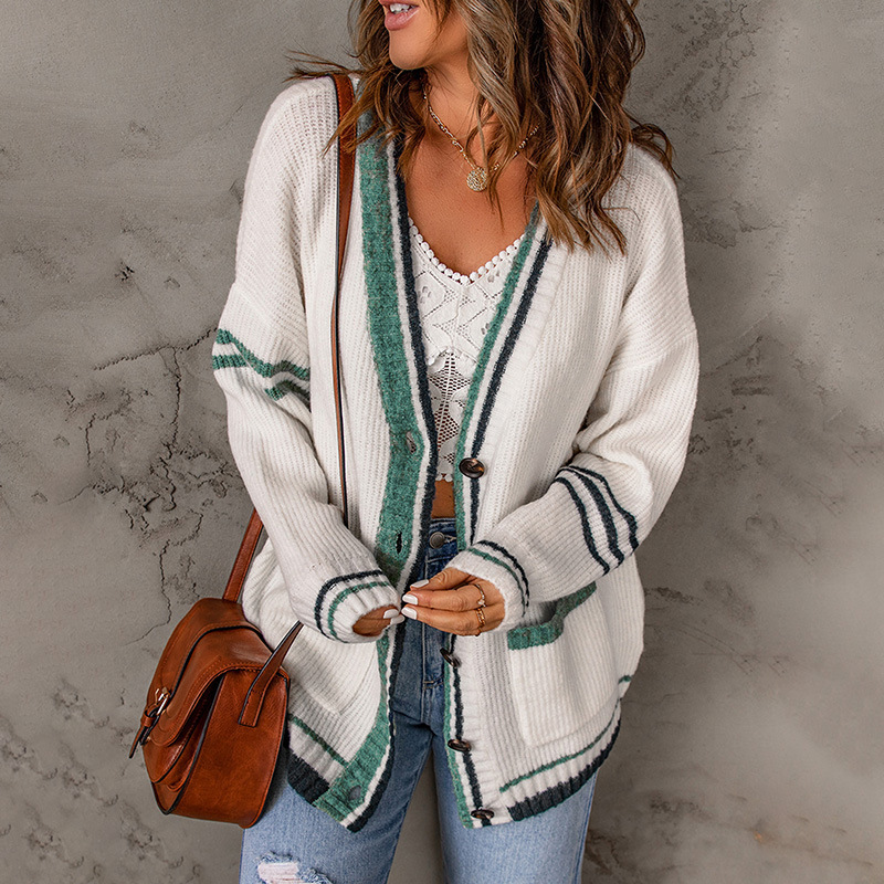 Abbigliamento da donna maglione maglione cardigan a maniche lunghe a righe a contrasto di colore da donna_voghion.com