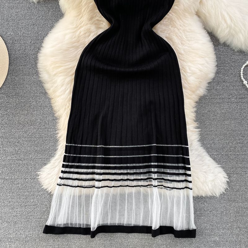 Abito gilet in maglia con giunture a rete, a linea A, con scollo rotondo e vita snellente, da donna_voghion.com