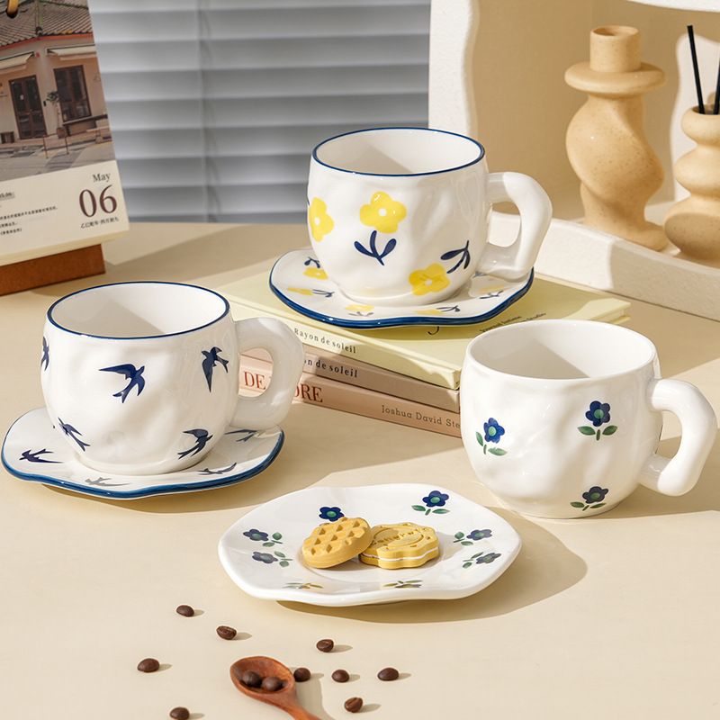 Ins Style Ceramic Coffee Pinched Hand Painted Irregular And Saucer High Aesthetic Breakfast Cup_voghion.com