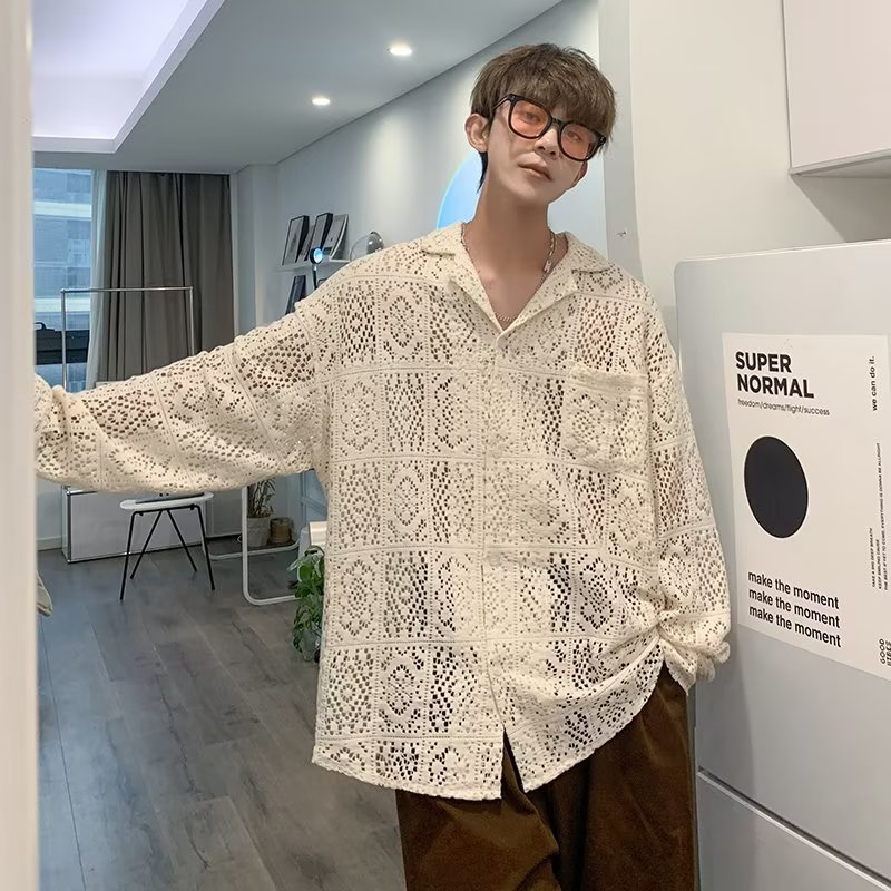 Unbeatable Quality Fashionable Mesh Hollowed Out Long Sleeved For Men's High-end Trendy Brand Cuban Collar Hairstylist Shirt With Versatile_voghion.com