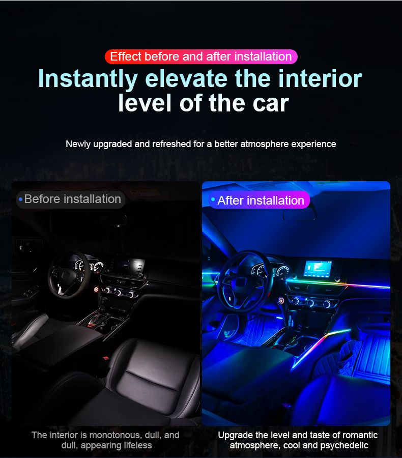 Luz ambiental LED universal para interior de coche, sinfonía a todo color, RGB, 64 colores, tira acrílica oculta, decoración_voghion.com