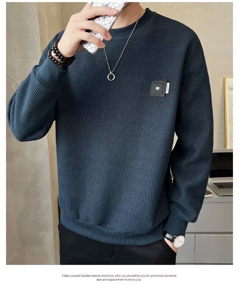 Herrenbekleidung Waffelstrick-Sweatshirt mit Rundhalsausschnitt – Slim Fit, lässiges Pullover-Langarm-T-Shirt für Frühling und Herbst (Schwarz/Weiß/Dunkelgrau/Marineblau)_voghion.com