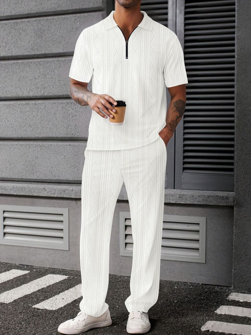 Texture Knitted Polo Shirt Men's Short Sleeved Trousers Suit Two Piece Set_voghion.com