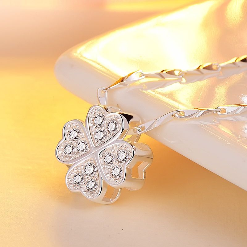 s999 Four-leaf Clover Full Diamond Silver Necklace Women's Niche Design High-end All-match Clavicle Chain Star Pendant_voghion.com