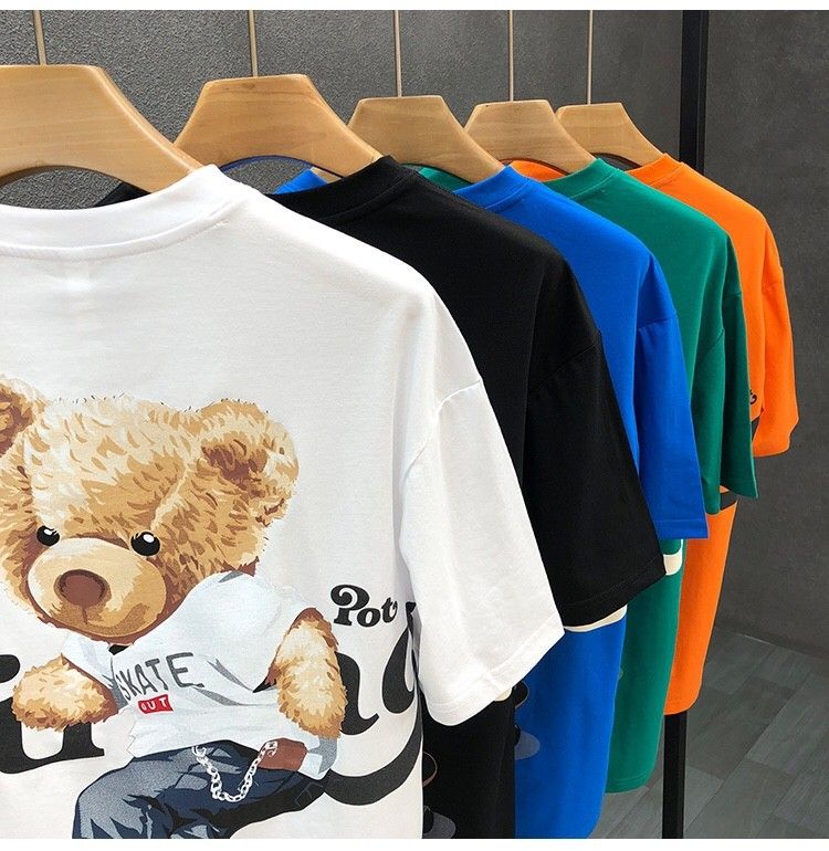 Tecknad björn tryckt kortärmad T-shirt Herr sommar Ny Cyber Populär Samma stil Fashionabla märke All match Casual Youth Base Shirt_voghion.com