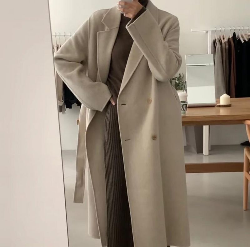 Korean Chic Oversized Wool Coat – Double-Breasted Long Trench Coat With Belt, Minimalist Office Wear & Timeless Outerwear_voghion.com