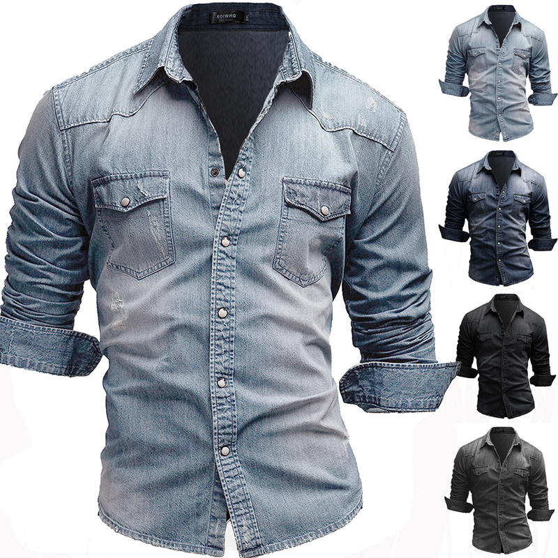 Herrenbekleidung Schlichtes langärmeliges Jeanshemd für Herren in Übergröße_voghion.com