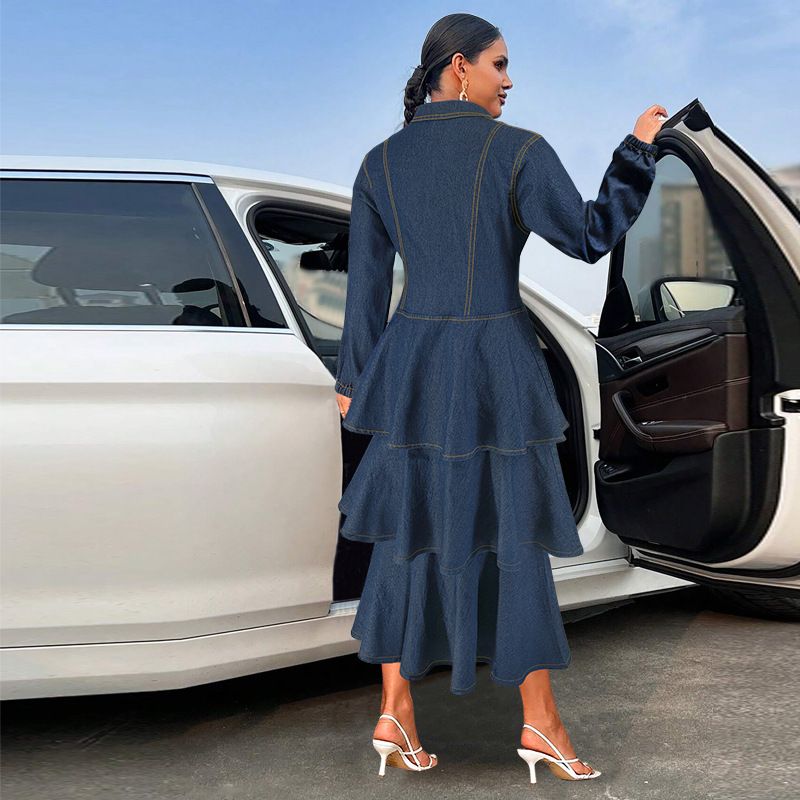 Women’s Denim Tiered Dress – Long Sleeve Lapel Collar Maxi Dress (Dark Blue, S-2XL)_voghion.com