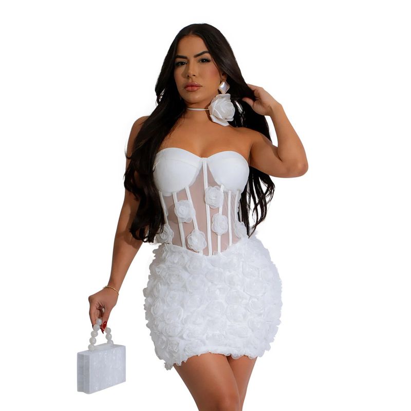 Abito aderente senza spalline da donna, sexy, in rete trasparente con applicazioni floreali 3D_voghion.com