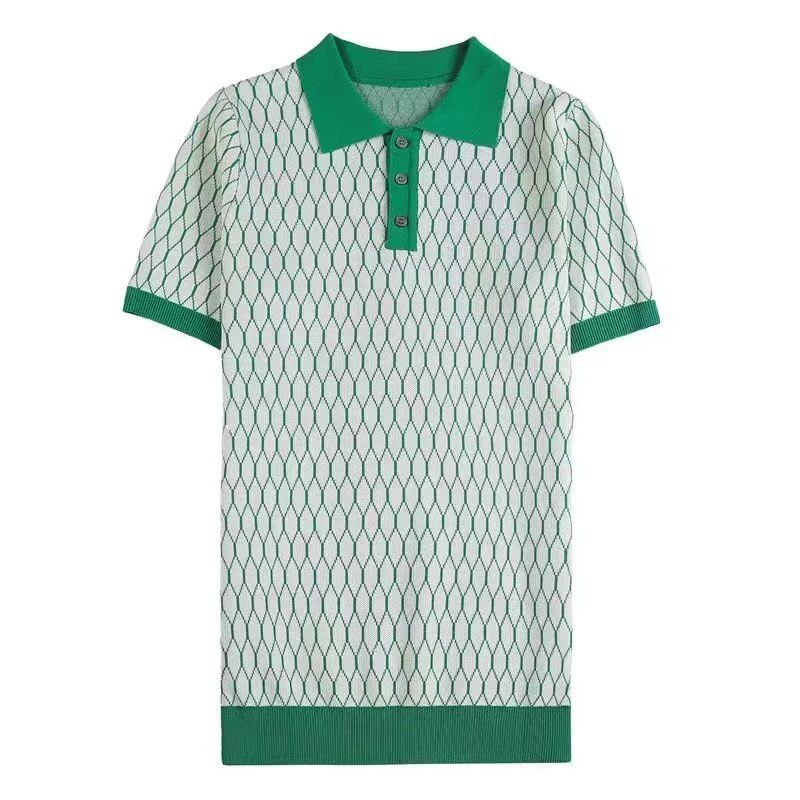 Herrenbekleidung Dünnes Eisseide Herren High-End-Gittermuster Kontrastfarbe Kurzarm-T-Shirt_voghion.com