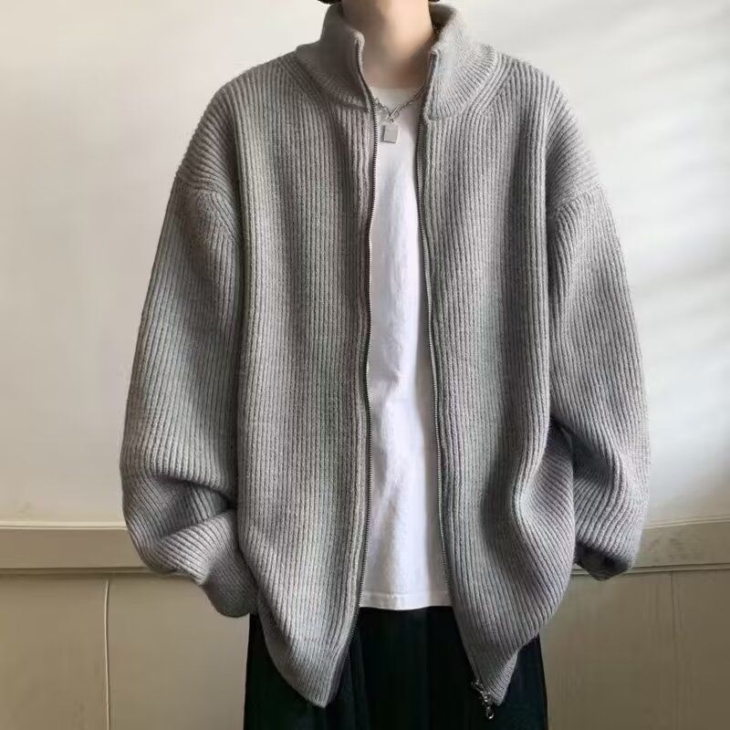 Lässige Pulloverjacke für Herren, amerikanischer Stil, Doppelreißverschluss, Stehkragen, Strickjacke, verdickt, High-End-Gefühl,_voghion.com