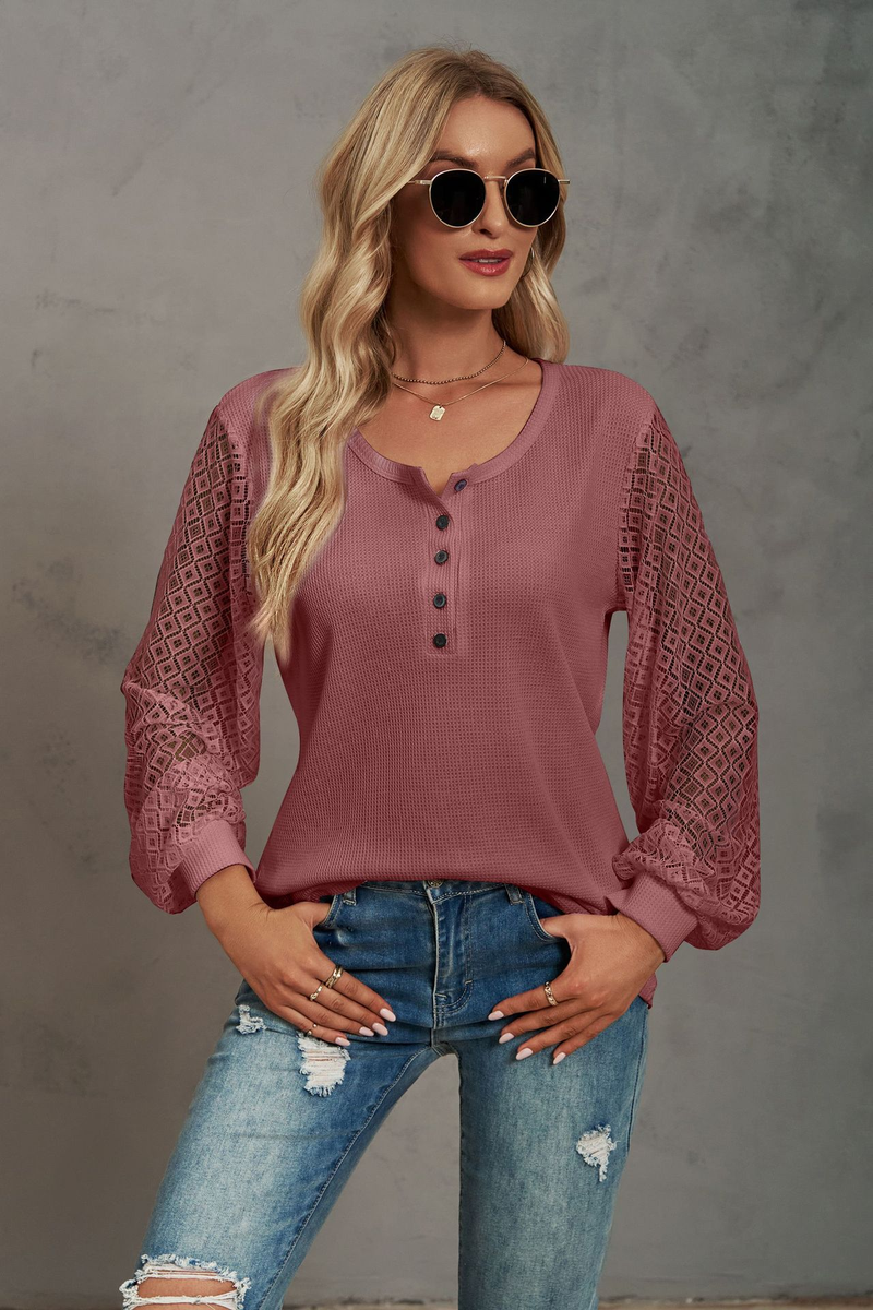 Women's Clothing Casual Waffle Grace Panel Long Sleeve Button T-shirt Top_voghion.com