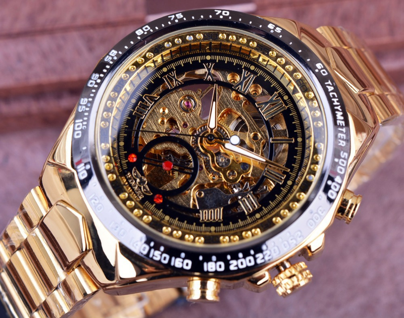 Men's Premium Gold-Toned Skeleton Automatic Mechanical Watch With Stainless Steel Band - 44mm Round Dial, Mineral Glass, Fold-Over Clasp Mechanical_voghion.com