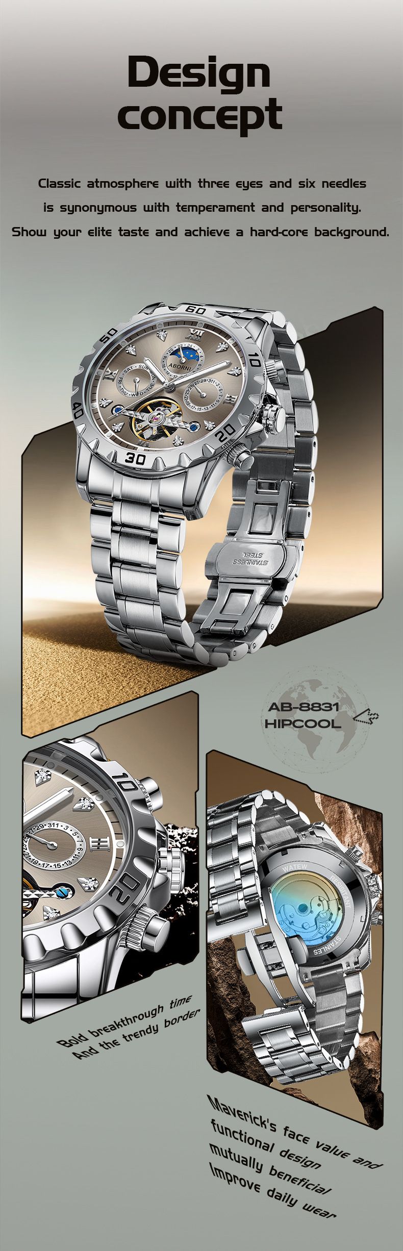 Men's Luxury Mechanical Watch With Moon Phase, Waterproof, Stainless Steel Band, Flywheel Function, Business Style Men's Watch_voghion.com