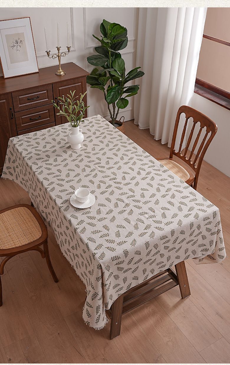 Cotton-Polyester Tablecloth With Willow Leaf Pattern - Rustic Farmhouse Rectangular Table Cover For Dining & Study (Dustproof, Decorative)_voghion.com