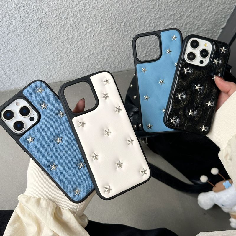 Custodia protettiva in pelle a tinta unita con rivetti Little Stars a schermo intero compatibile con iPhone 16 Pro Max 15_voghion.com