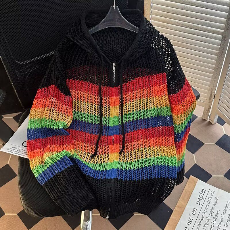 Herrenbekleidung, bunt, Regenbogen-gestreift, Hohlstrickjacke, lockere Kontrastfarbe, Kapuze, langärmeliges T-Shirt_voghion.com