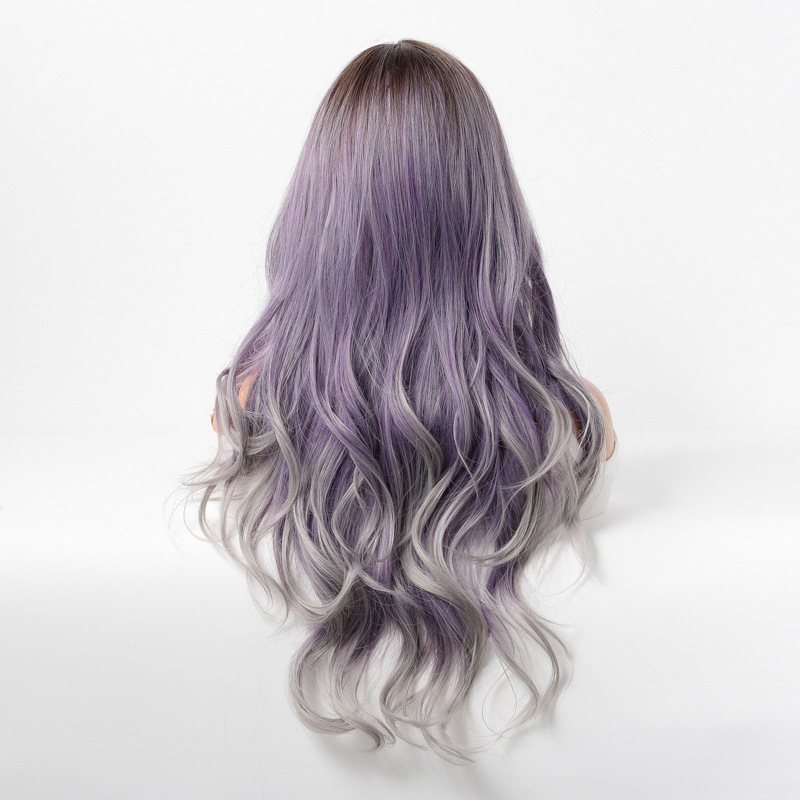 Mädchen mit Mittelscheitel, Farbverlauf, Highlight, langes Haar, große Welle, langes lockiges Haar, mattes Temperament, ganzer Kopf, Perücke_voghion.com