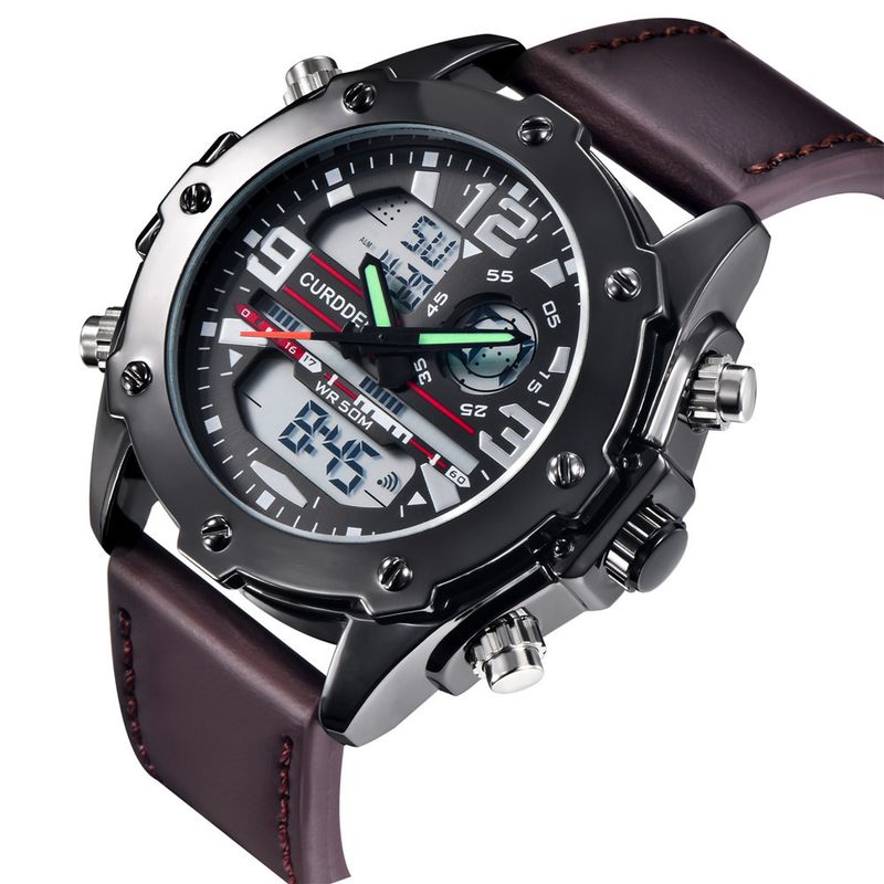 Men's Sport Digital Analog Watch With Multifunction Display, PU Strap, LED Backlight, GMT, Alarm, And Date_voghion.com