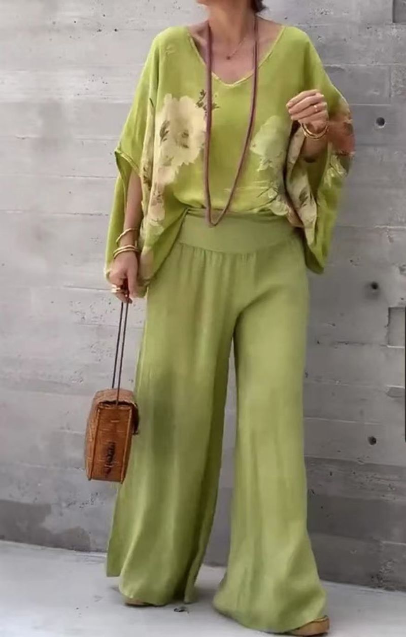 Abbigliamento da donna, scollo a V, top e pantaloni stampati in cotone e lino, abiti casual_voghion.com