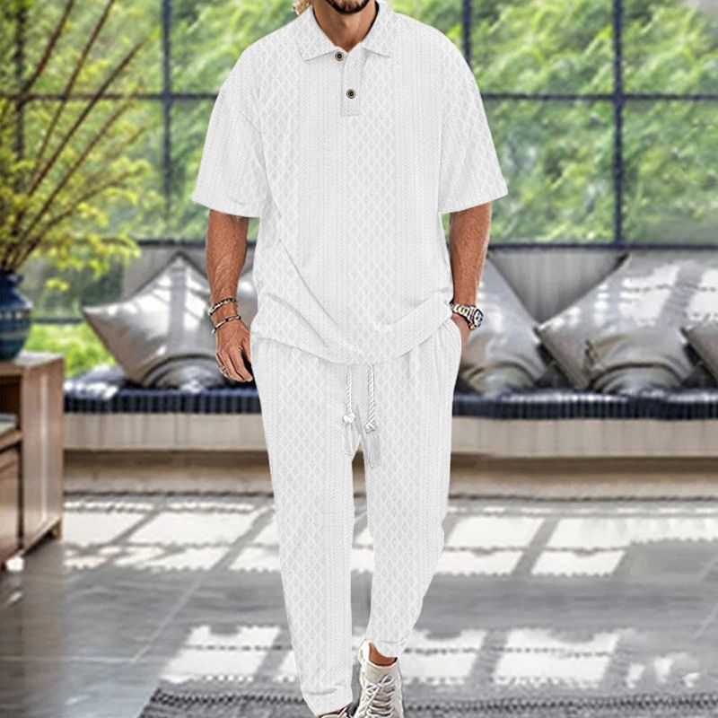 24 Spring Summer Men's Casual Long Pants Turn-down Collar Jacquard Knitted Top Plus Size Set_voghion.com