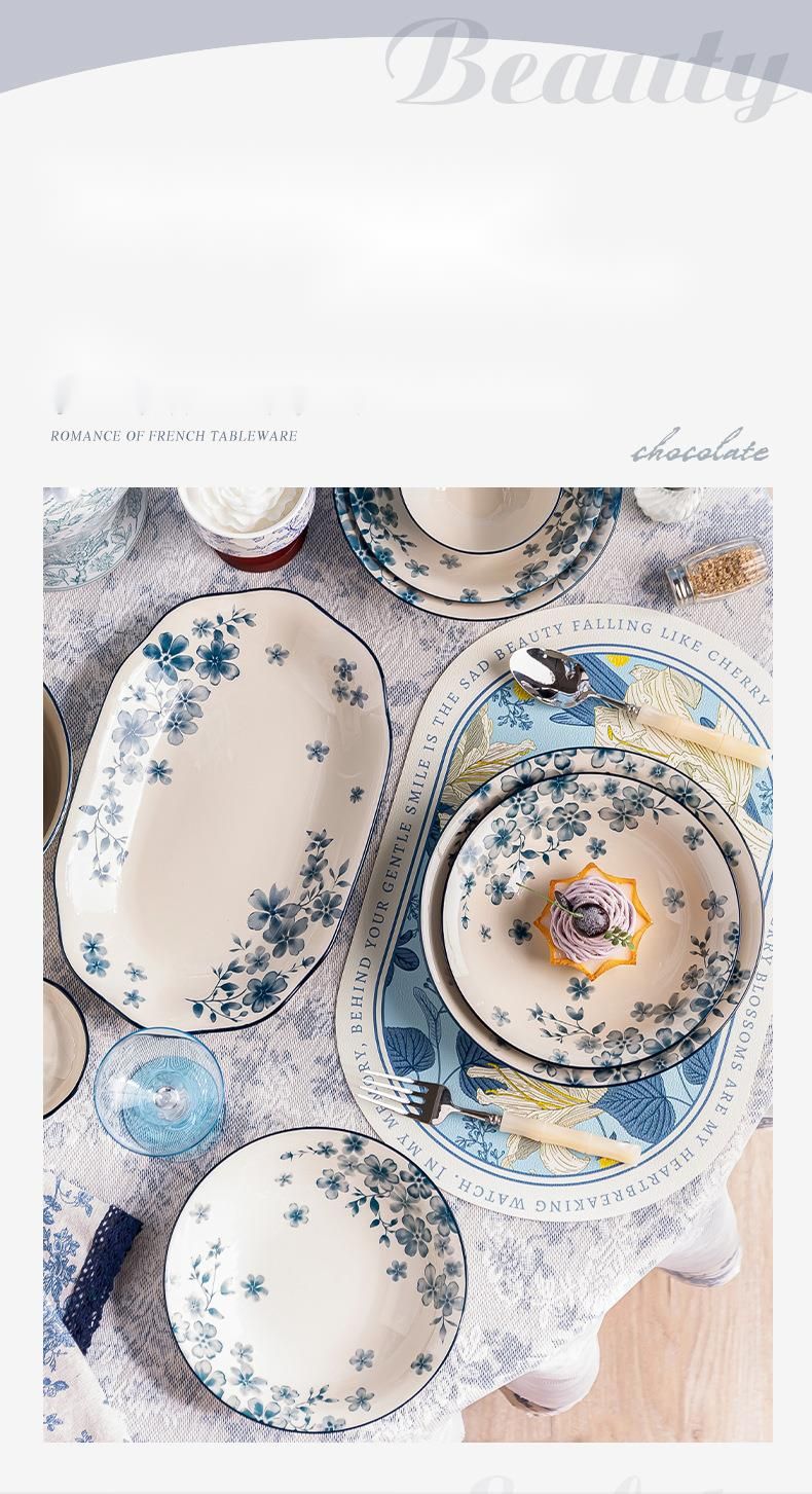 Household Floral Blue White Set Light Luxury High-Value Kitchenware Single Optional Bowl And Plate_voghion.com
