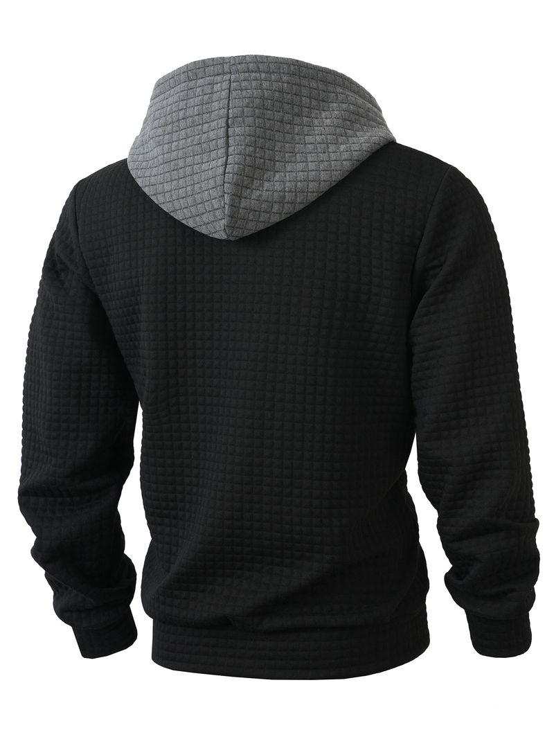 Felpa con cappuccio a quadri da uomo – Felpa casual a maniche lunghe con cerniera (S-XXXL, design a blocchi di colore)_voghion.com