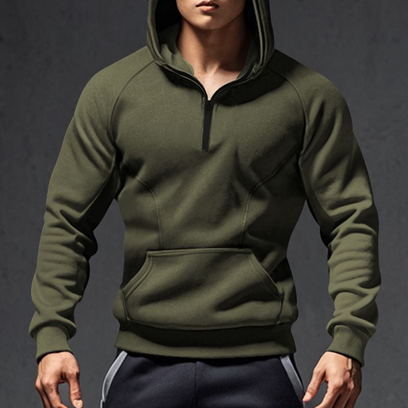 Autumn And Winter New Long Sleeve Men's Casual Pullover Hooded Half Zipper Color Matching Fleece Sweatshirt For Men_voghion.com