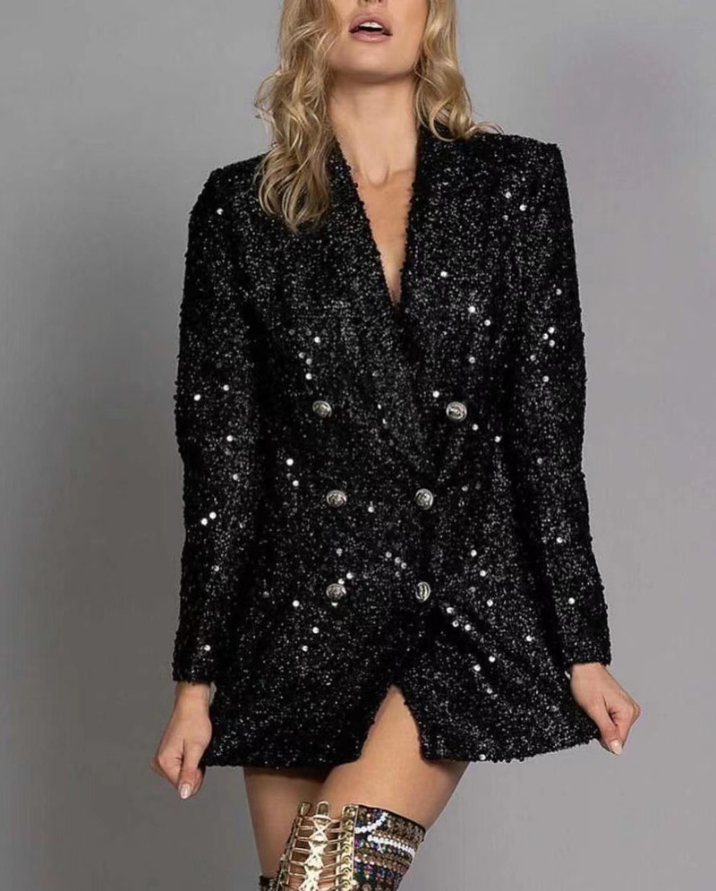 Vêtements pour femmes Mode Célébrité Col en V Tempérament Veste de costume Double boutonnage Paillettes noires Slim Long Top_voghion.com