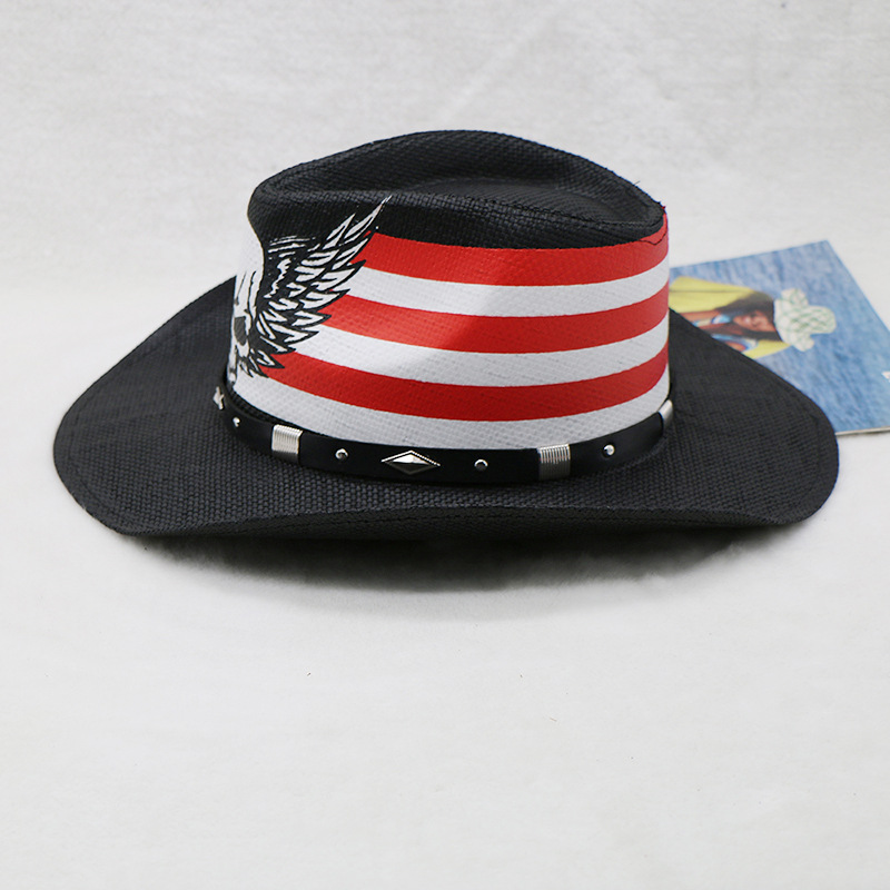 Chapéu de cowboy ocidental chapéu preto masculino ao ar livre crânio estilo chapéu de palha enrolado_voghion.com