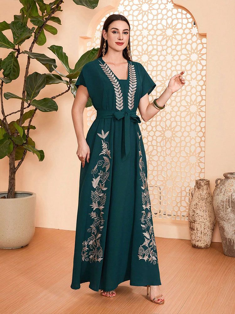 Robe Abaya musulmane style Dubaï – Robe longue brodée de fleurs avec col en V et taille haute, tissu froissé respirant pour femme_voghion.com