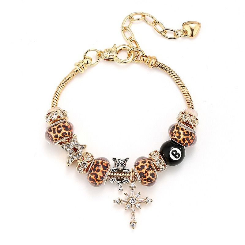 Bracciale con ciondolo leopardato placcato in oro per donna, bracciale con perline in zirconia cubica a forma di croce e stella, gioielli boho audaci e accattivanti_voghion.com