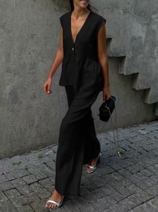 Cotton 2025 New V-Neck Button Sleeveless Top Vest Long Pants Set Solid Color Elegant Commuting Two-Piece_voghion.com