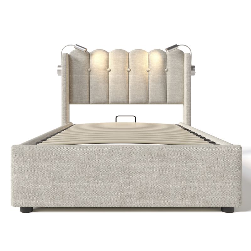 Cadre de lit simple rembourré avec liseuse, fonction de charge, rangement pour la tête de lit, lit enfant en lin 90 x 200 cm avec sommier à lattes (matelas non inclus, coloris naturel)_voghion.com
