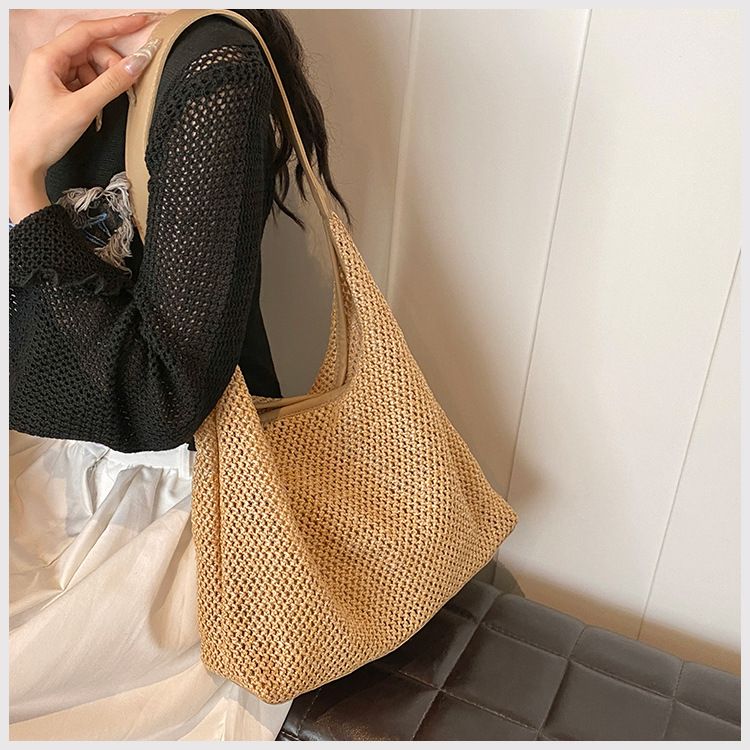 Borsa di paglia Borsa intrecciata Borsa di paglia intrecciata vintage Capacità Borsa a tracolla singola Borsa da ascella Borsa da spiaggia Borsa da vacanza_voghion.com