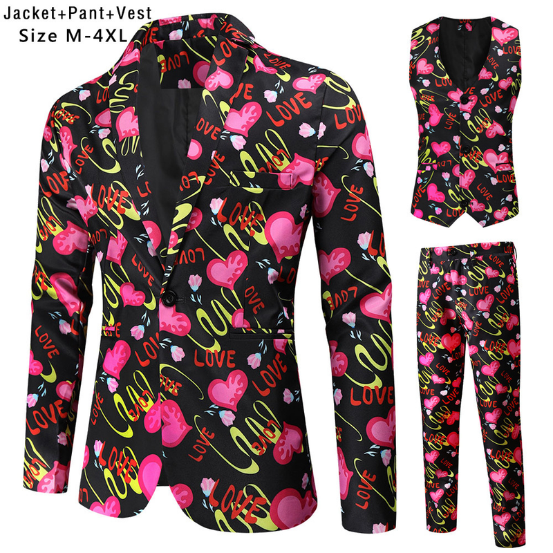 Automne et hiver hommes saint valentin décontracté 3d imprimé costume gilet costume pantalon trois pièces ensemble_voghion.com