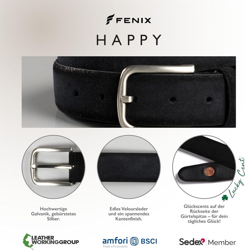 Fenix-säädettävä vyö, Happy Size 85–115 cm, miesten solkikiinnityksellä, 35 mm leveä, velournahasta valmistettu vyö. Ei logoversiota saatavilla._voghion.com