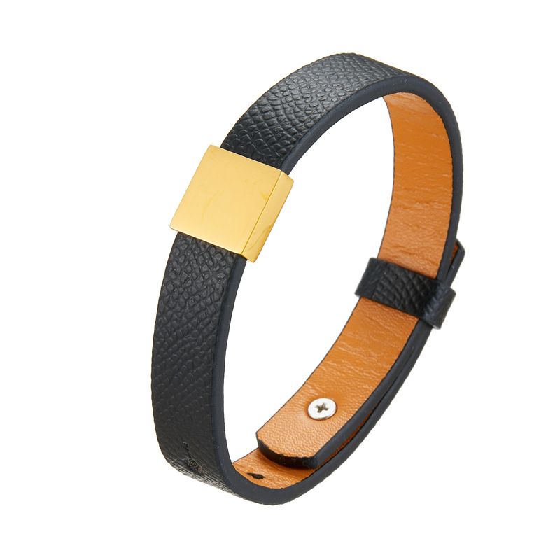 Unisex Genuine Simple Stainless Steel Smooth Surface Customizable Engraving Cowhide DIY Leather Bracelet_voghion.com