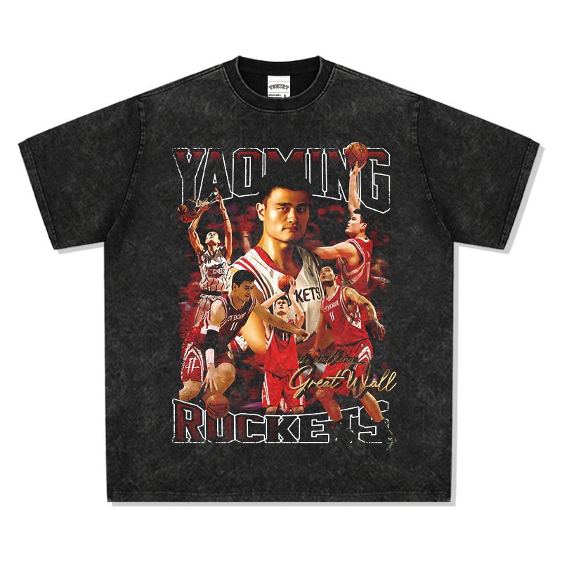 Yao Ming Basketball Printed Short Sleeve T-Shirt American Style Washed Vintage_voghion.com