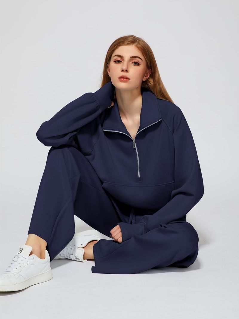 2025 Damen Zweiteiliges Oversize-Sweatshirt mit halbem Reißverschluss und weitem Bein, Jogginghose, Freizeitset_voghion.com