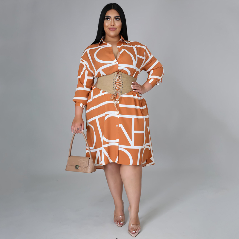 Damen bedrucktes Hemd mit plissierter Taille und Kleid in Übergröße für Damen_voghion.com