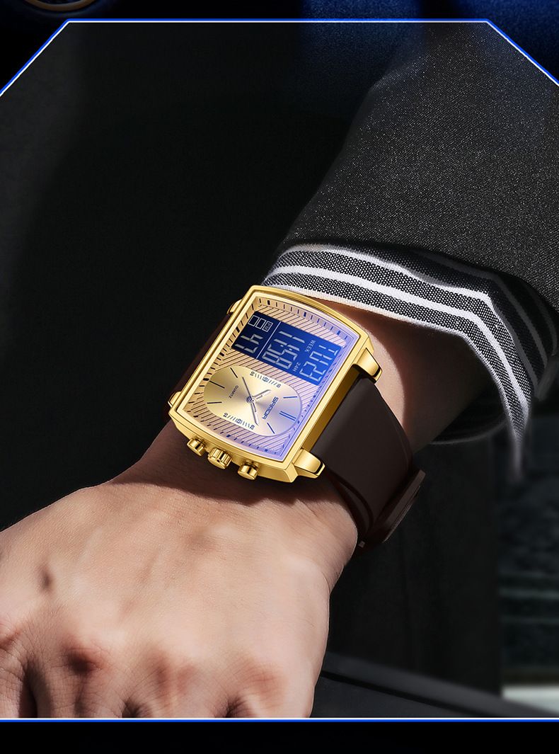 Montre analogique numérique pour homme à double affichage, multifonction, étanche, lumineuse, calendrier, grand cadran carré et bracelet en silicone_voghion.com