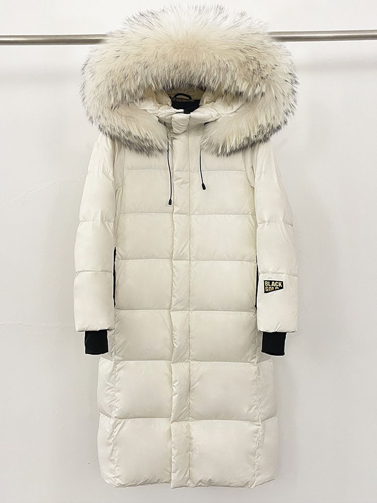 Luxus-Daunenmantel mit Fuchs-/Waschbärpelzkragen – Lange Winterjacke für Damen (Schwarz/Burgund/Creme, S-3XL)_voghion.com