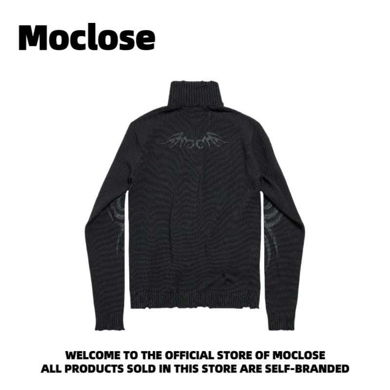 Moclose Automne Hiver Thorn Totem Vintage Délavé Chaud Unisexe Fermeture Éclair Col Montant Pull en Laine_voghion.com