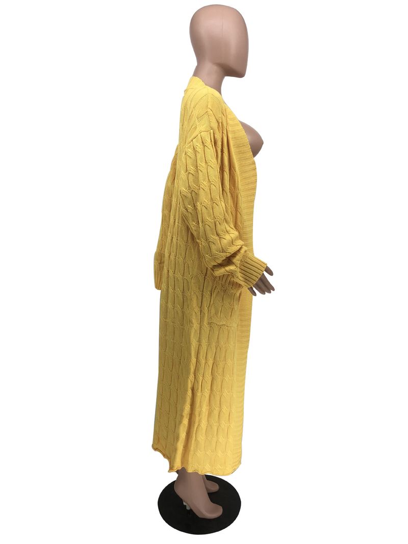 Damenbekleidung Locker gestrickte Strickjacke, gemütliche, übergroße Strickjacke mit Taschen, langer Zopfmuster-Pullovermantel, lockerer Boho-Chic, offene Vorderseite_voghion.com