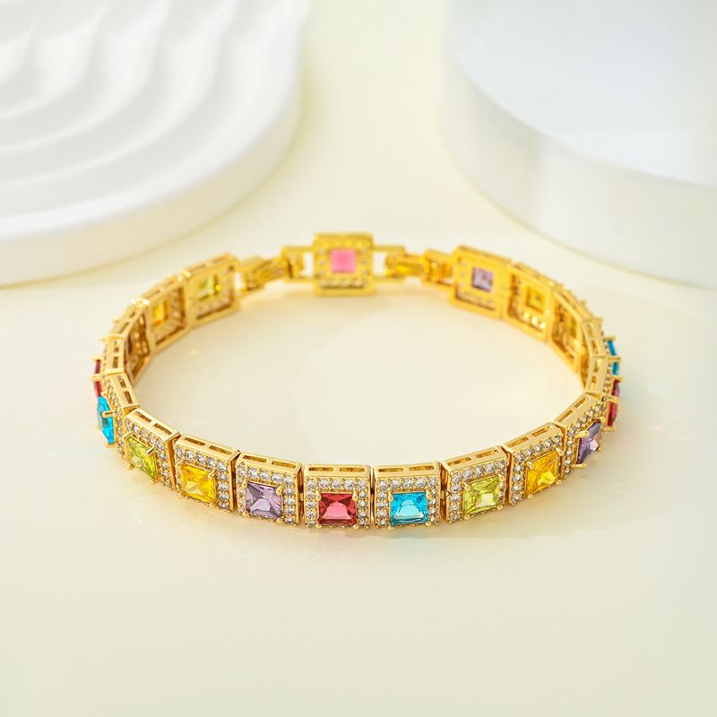 Women's Jewelry Square Zirconia Bracelet With Colorful Stones, Geometric Design, Fashionable Hip Hop Style For Daily Wear And Travel_voghion.com